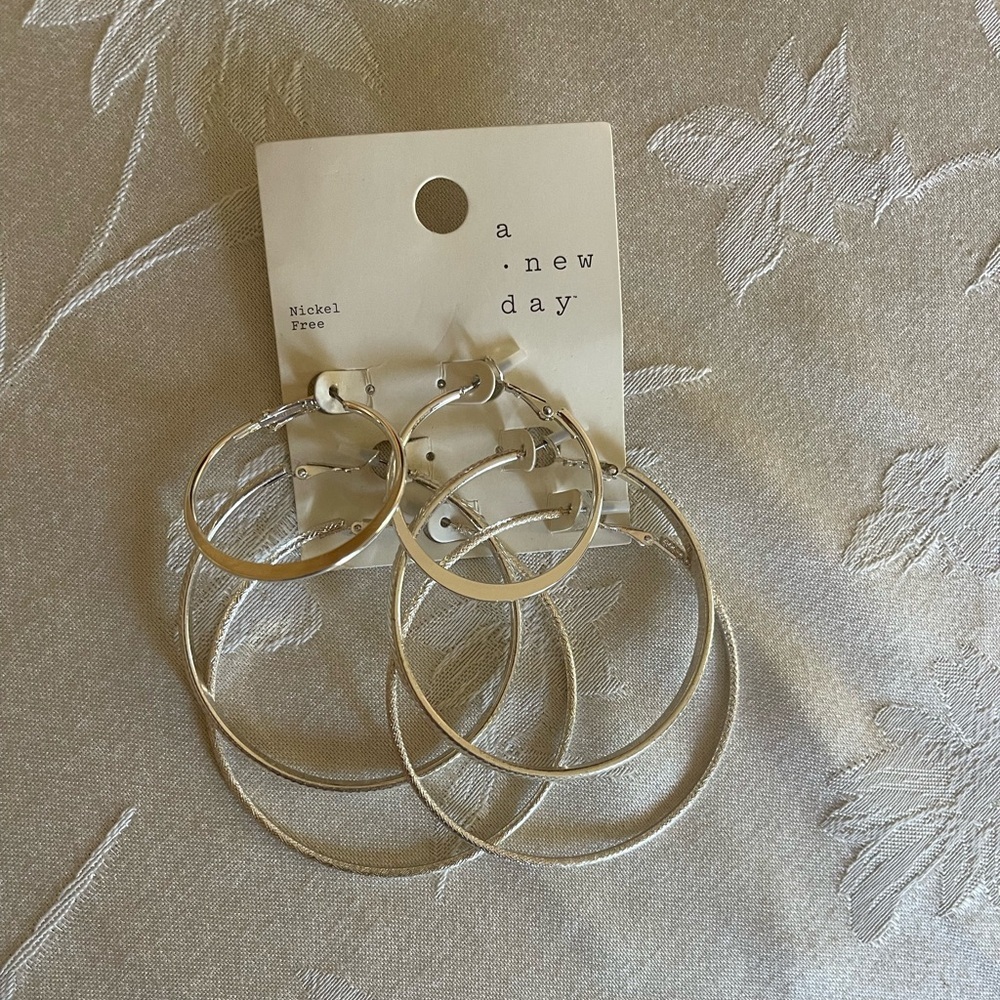 Brand New Set of 3 Nickel Free Silver Hoop Earrings